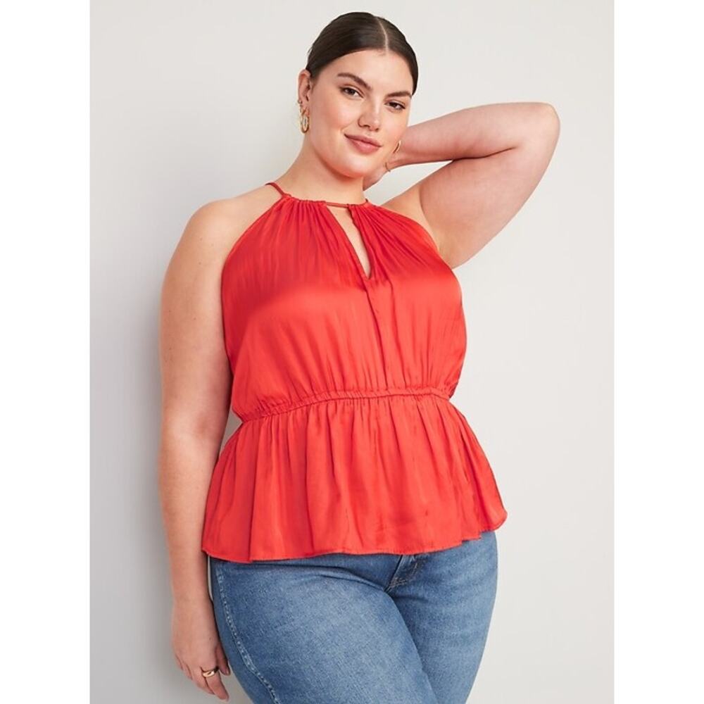 Old Navy | Satin High-Neck/Halter Peplum Blouse Top Lava Flow Women's 3X Plus